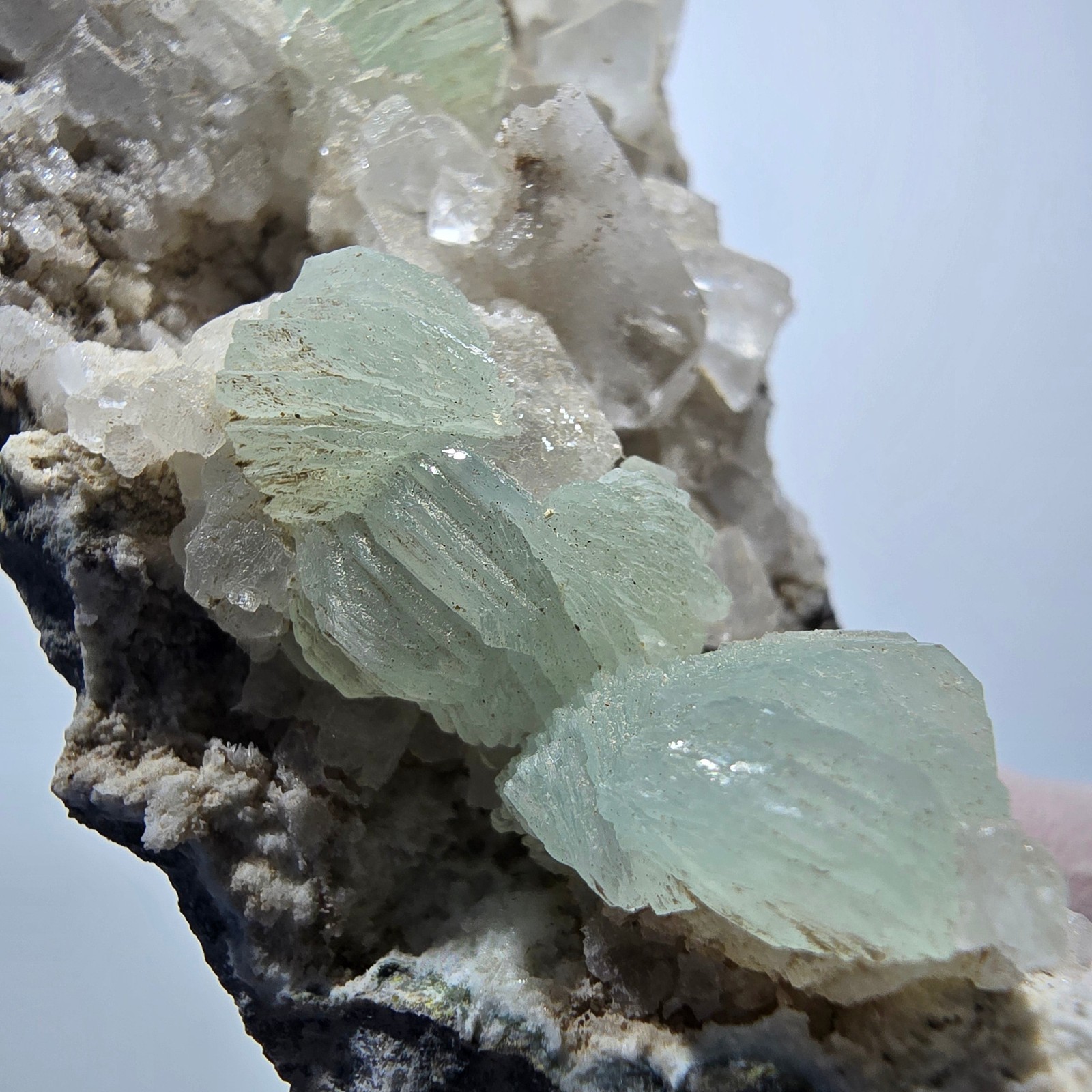 XL Prehnite sphere, calcite cube, quartz on matrix Goboboseb, Namibia