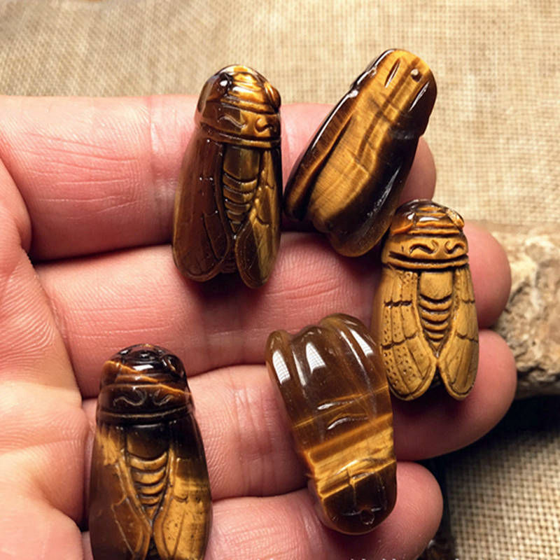 Natural Tiger’s Eye Stone Hand Carved Cicada Quartz Crystal Pendant Gift Healing
