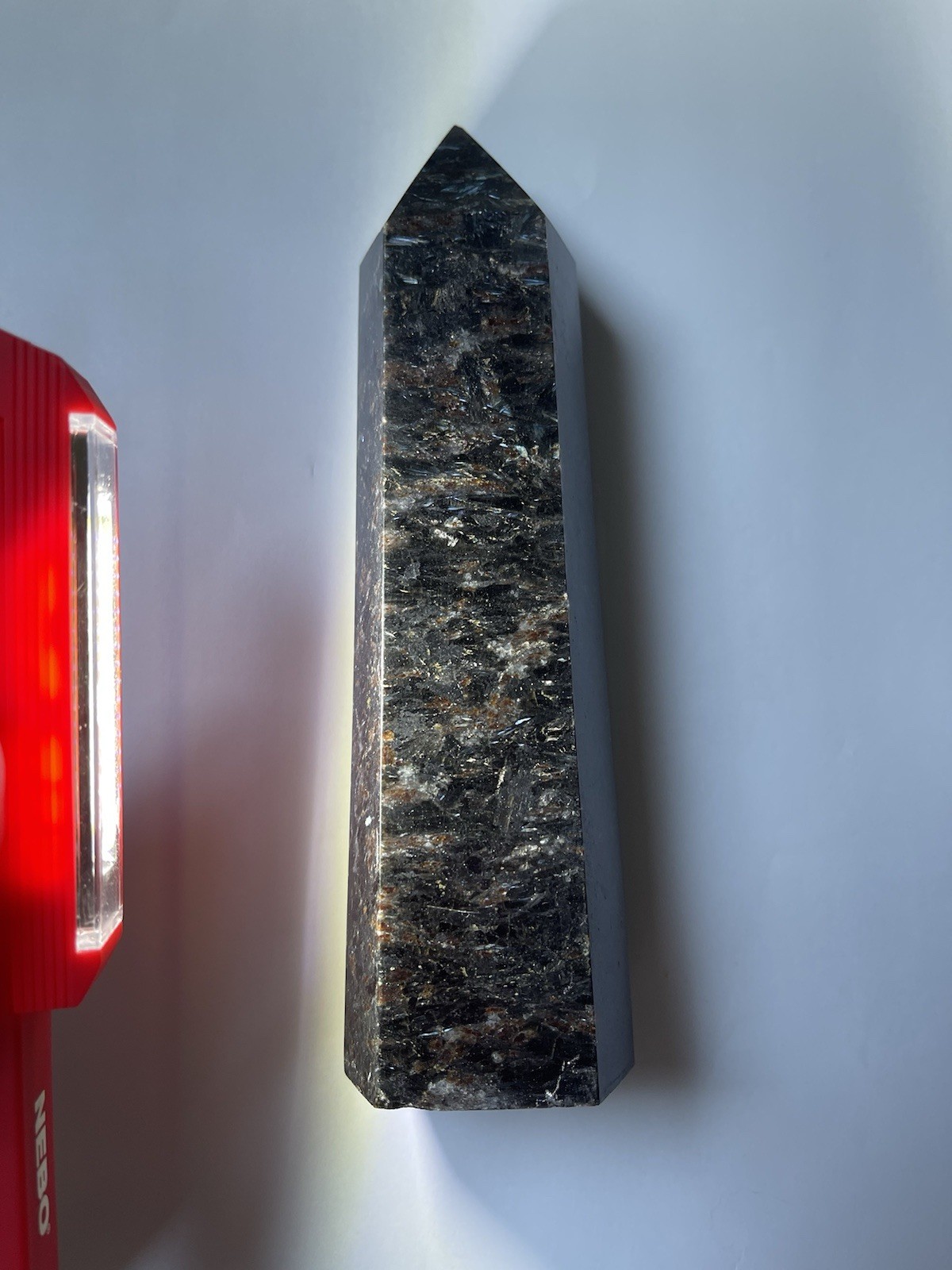 Large Arfvedsonite Crystal Obelisk 7 Inch Flashy Silver Blue Healing Stone Tower