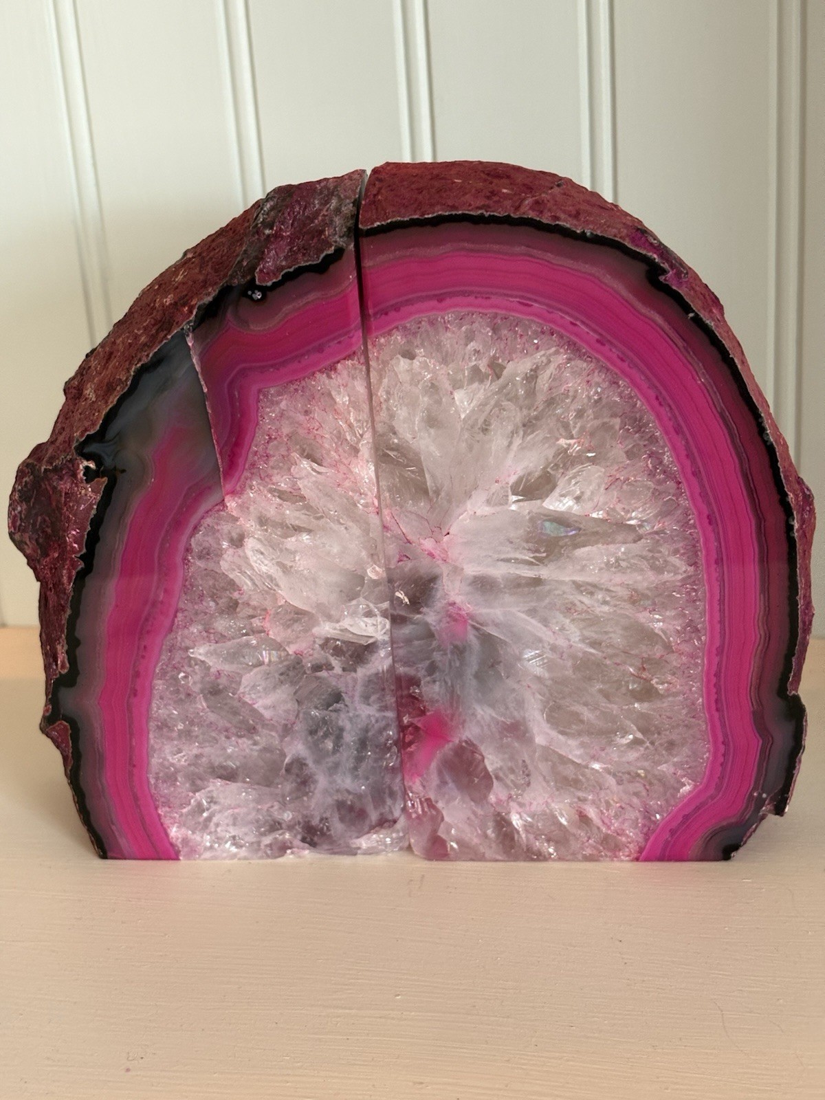 Set Of Cut & Polished Pink Dyed & Natural Gray Geode Book Ends 1 Side Unfinish