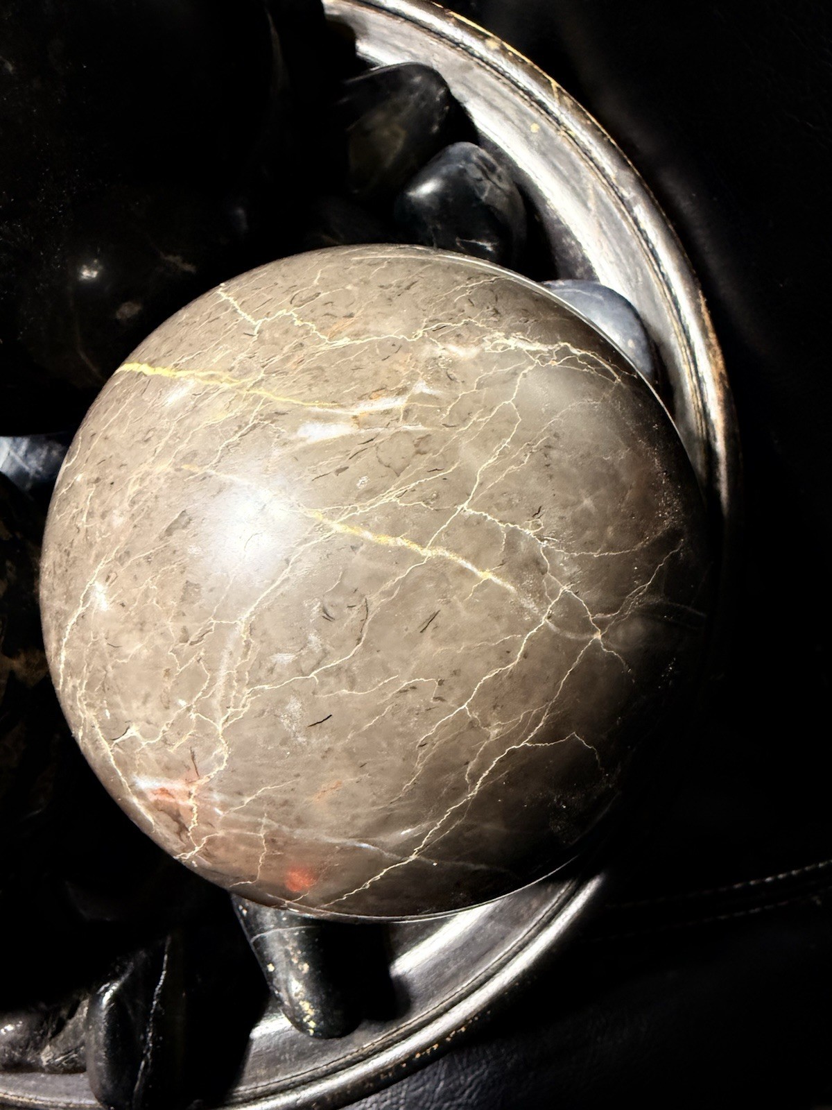 3pc Large 5″ Marble Sphere Balls With Black Rocks And 12” Wooden Bowl VERY NICE!
