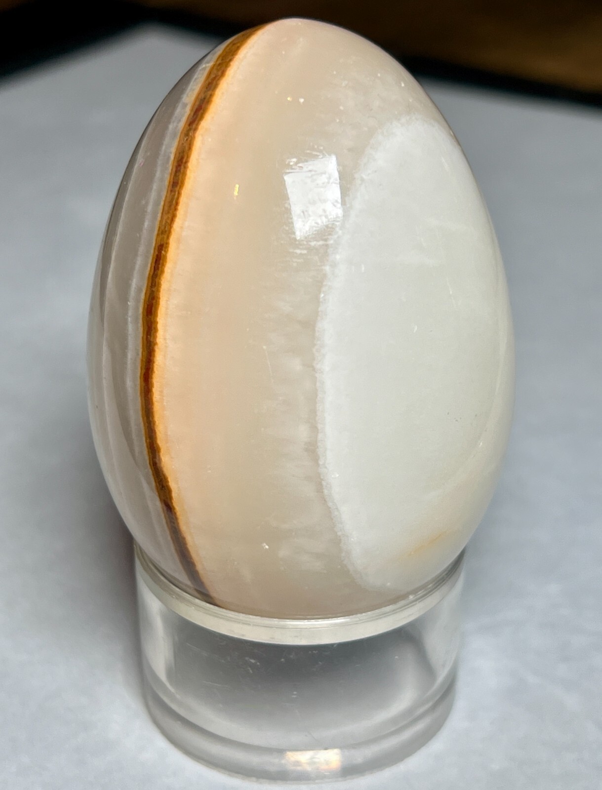 Vintage Natural Gemstone Onyx Agate Carved Polished Stone Egg Plastic Base Stand