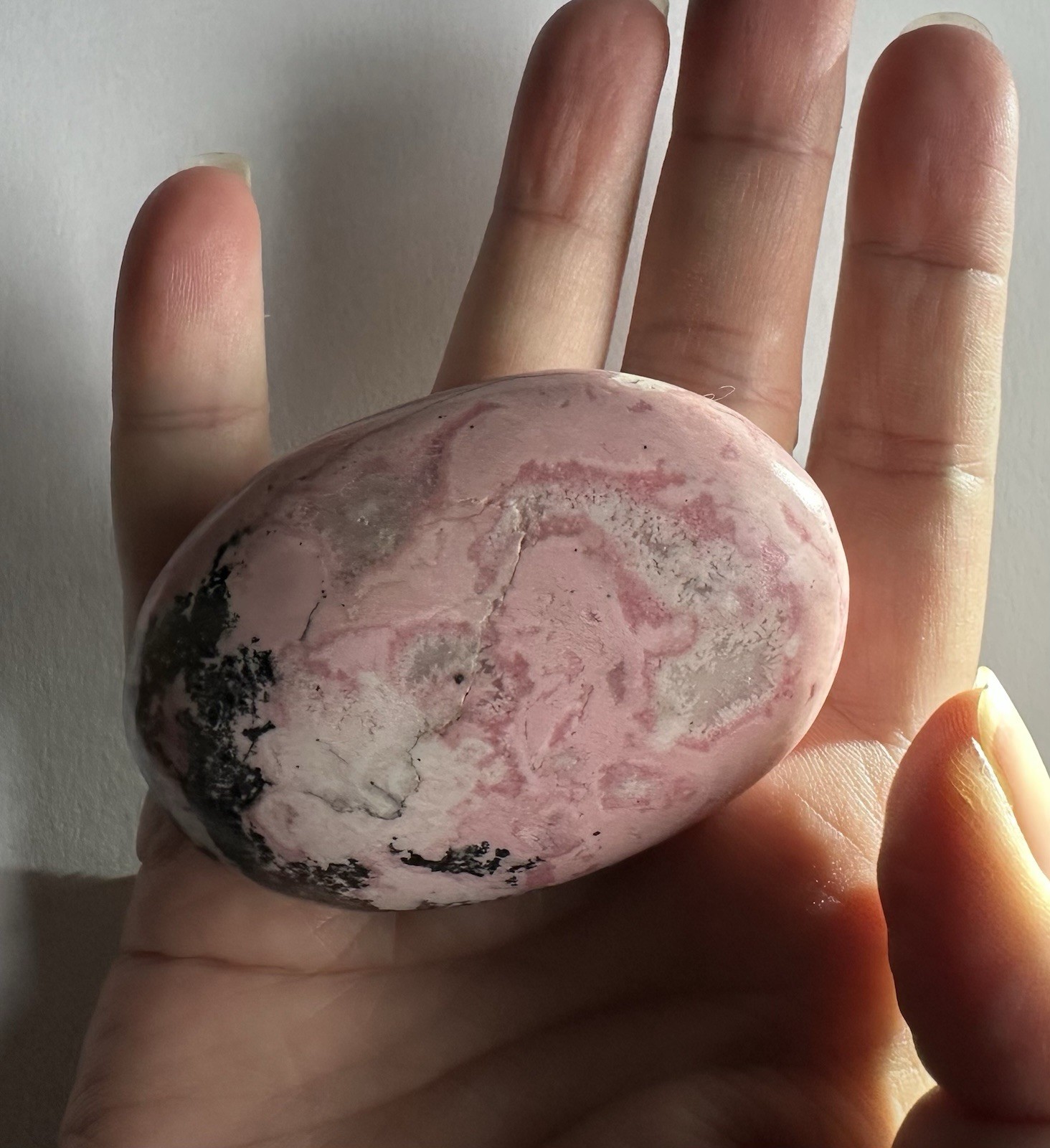 Polished Pink Rhodonite Palm Stone, Oval Egg Shape Mineral Specimen, 3 in