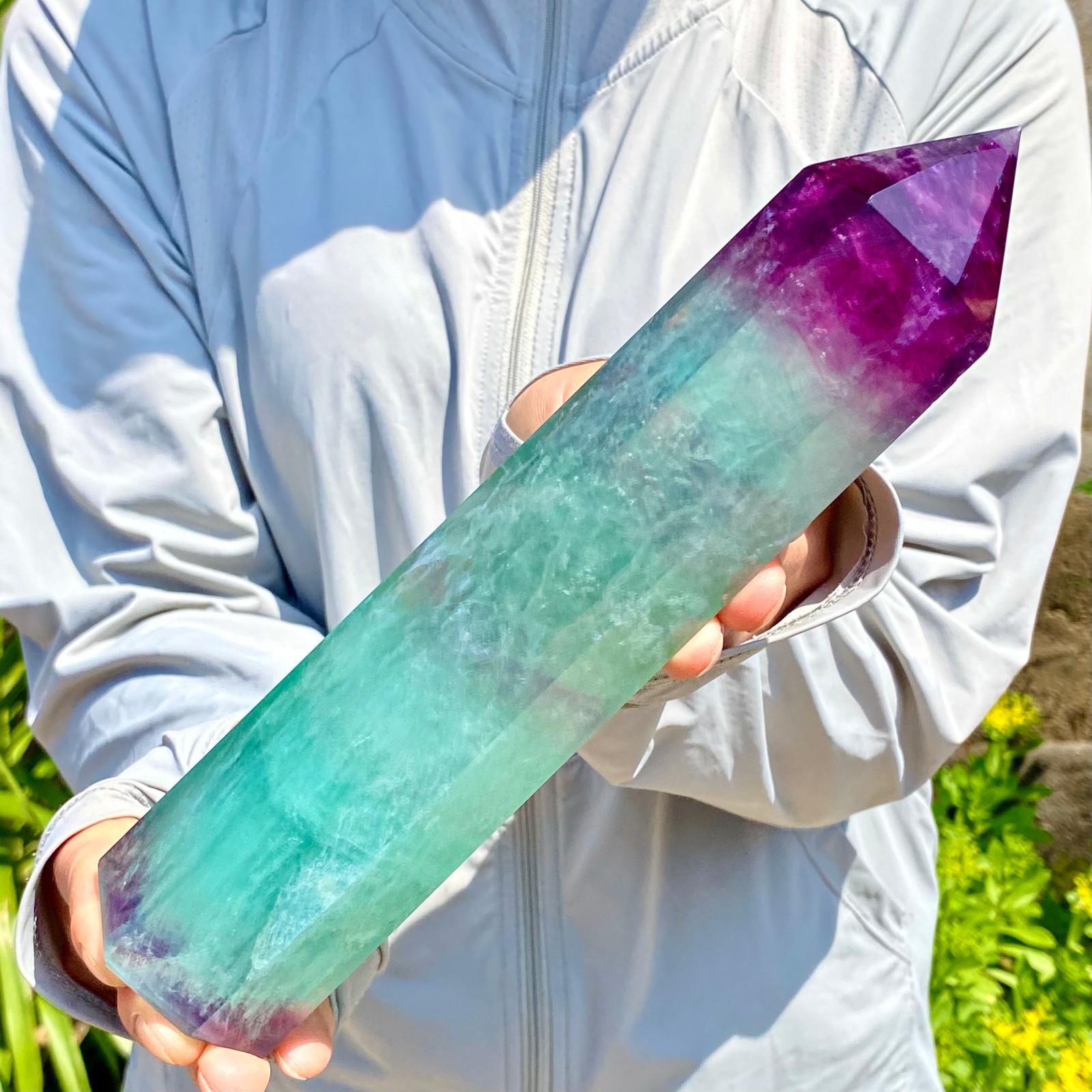 2.27LB Natural Rainbow Fluorite Obelisk Quartz Crystal Wand Tower Point Healing