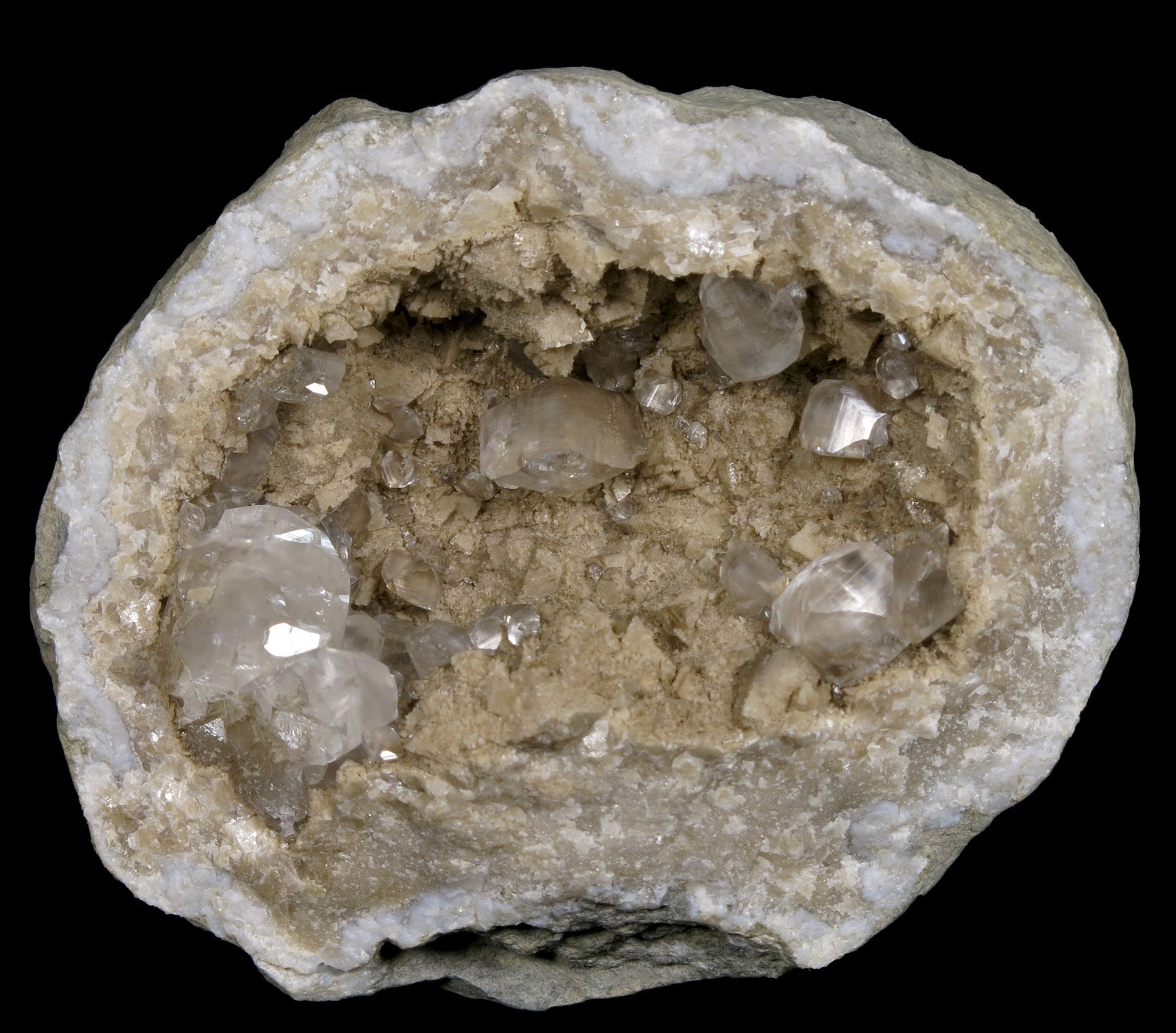 Unusual – Pristine calcite crystals atop etched ones 2-1/2″ Keokuk geode !!!