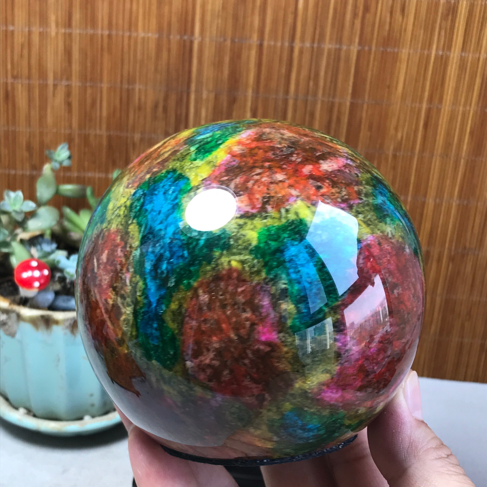 Natural “Seven Colors Jade” sphere Ball -Taiwan China 1.85kg Base Random A5809