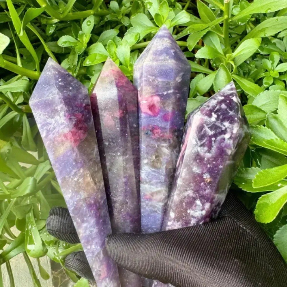 Natural Pink Tourmaline Quartz Crystal Wand Tower Healing Stone Decor + stand