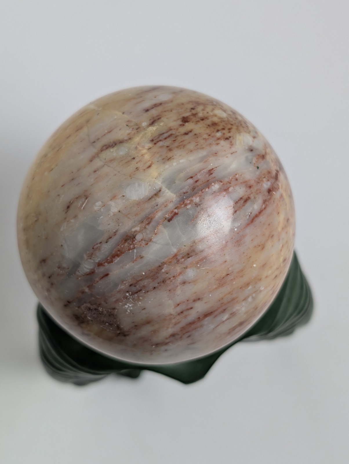 Elephant Head Sphere Stand w Marble Onyx Ball Verdigris Green 8″