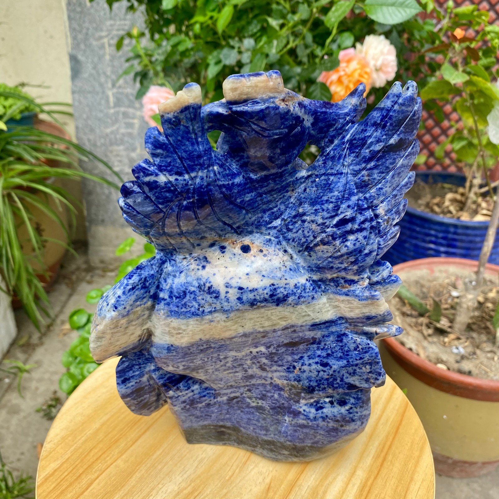 7.05LB Natural Blue Vein Stone Phoenix Carving, Home Decoration
