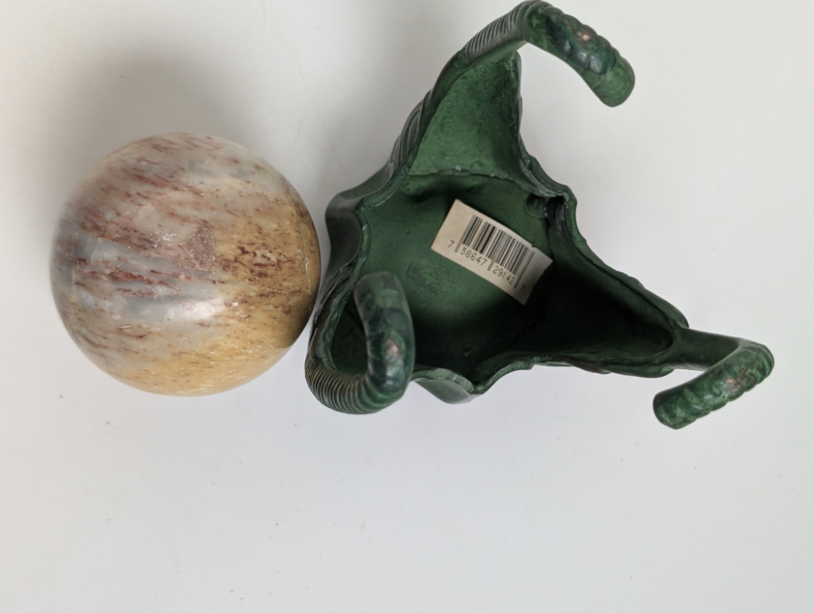 Elephant Head Sphere Stand w Marble Onyx Ball Verdigris Green 8″
