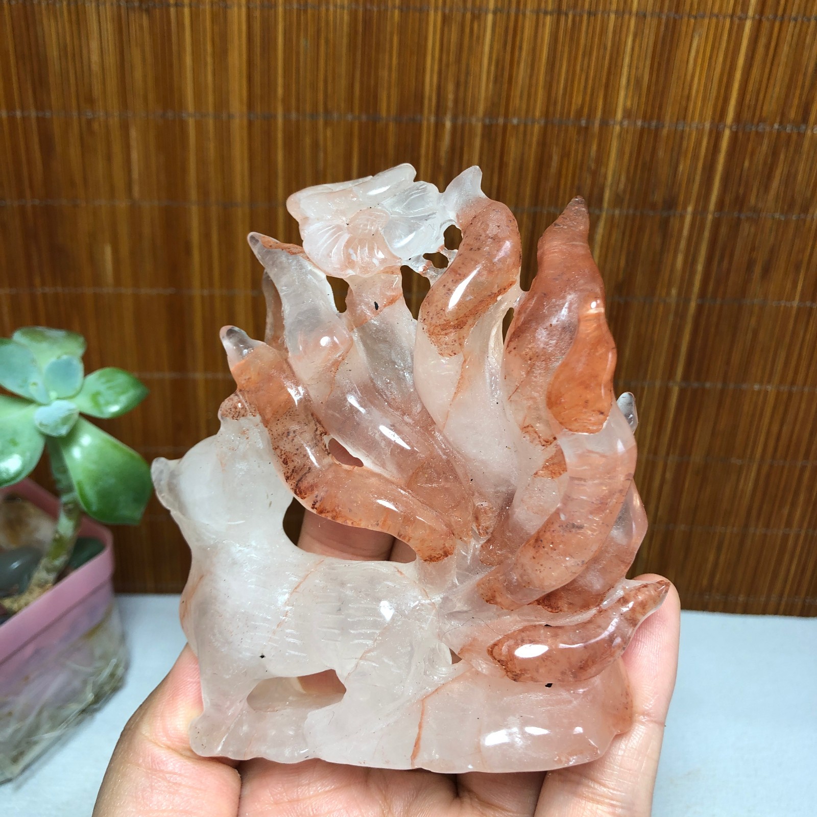 91mm Natural Red gum flower crystal carved Nine Tailed Fox specimens 175g A1799
