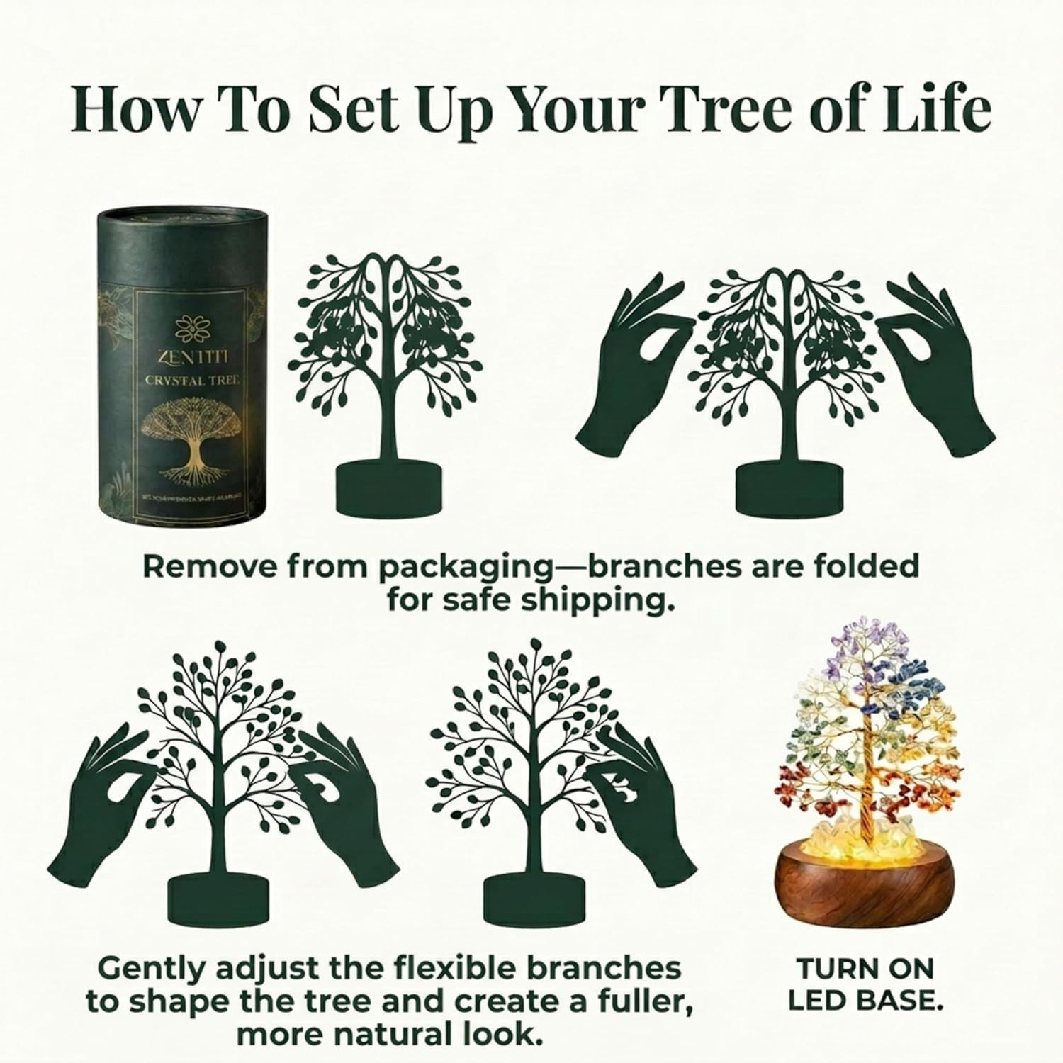 7 Chakra Crystal Tree of Life with LED Light, Handcrafted Gemstone Bonsai with Q