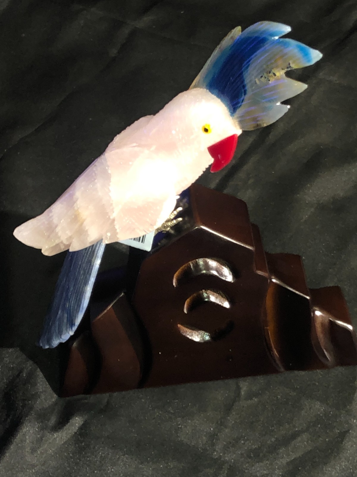 BEAUTIFUL PINK AND BLUE QUARTZ BIRD WITH WOODEN DESIGNED STAND ( NO-RESERVE )