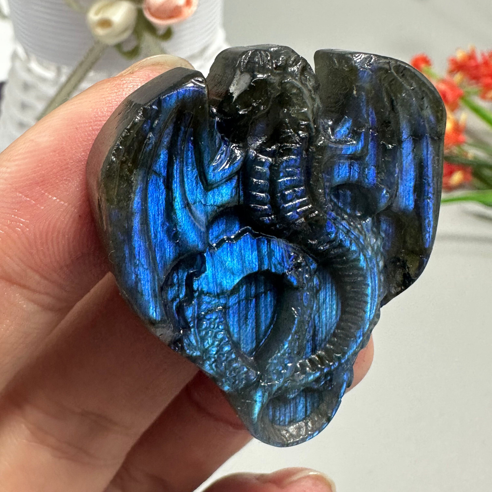 Natural Labradorite Carved dragon Quartz Skull Crystal Specimen Healing 1PC