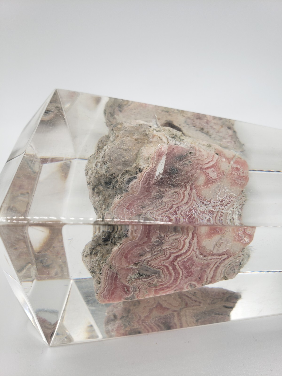 Rhodochrosite Stalactite Inca Rose Pink Mineral Specimen In a Lucite Sculpture