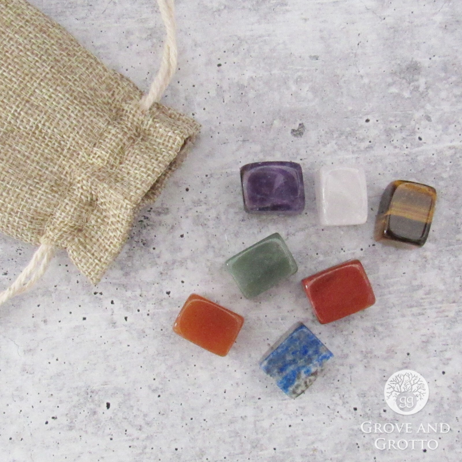 Mini Chakra Stone Set w/ Burlap Bag – 7 Polished Crystals w Info Card and Pouch