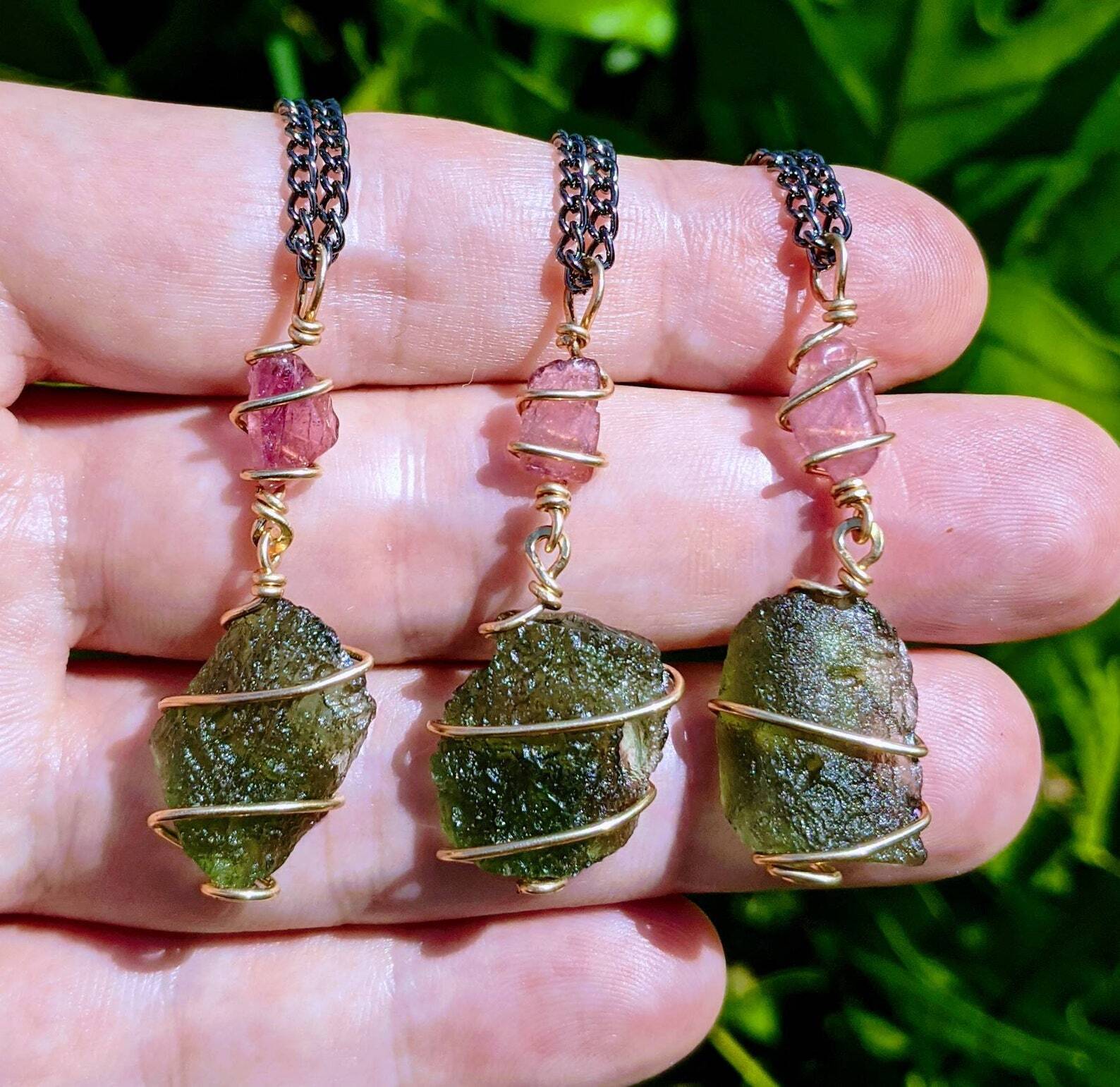 MOLDAVITE NECKLACE Pink Tourmaline 12kt Gold Certified Genuine Moldavite Pendant