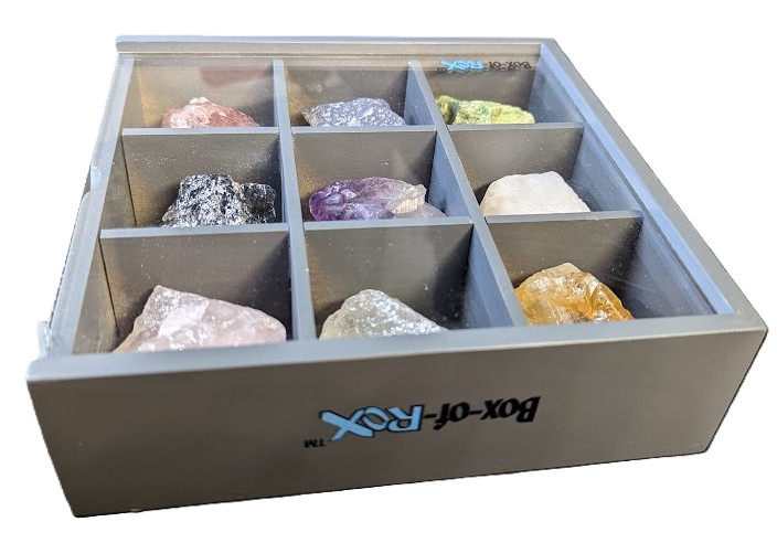Set of Nine Crystals and Healing Stones Decorative Display Showcase