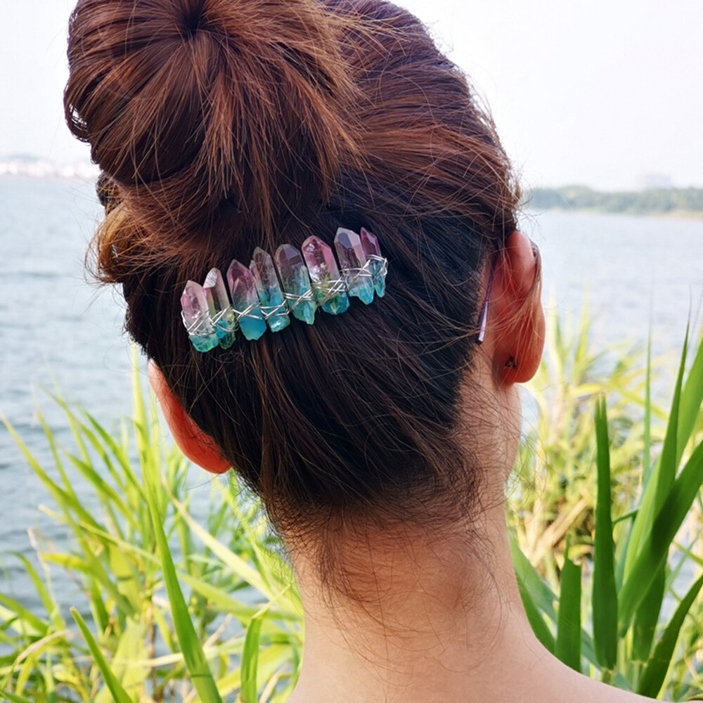 Women Natural Crystal Quartz Hair Comb Headdress Branches Wired Stone 20 teeth