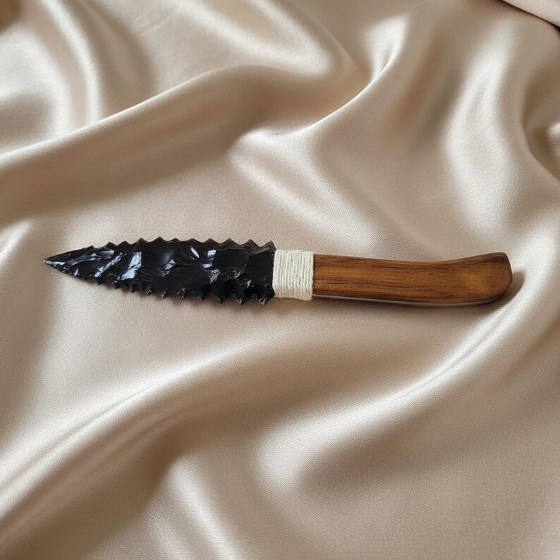 Natural Black Obsidian Knife Wooden Handle Handmade Volcanic Glass Blade