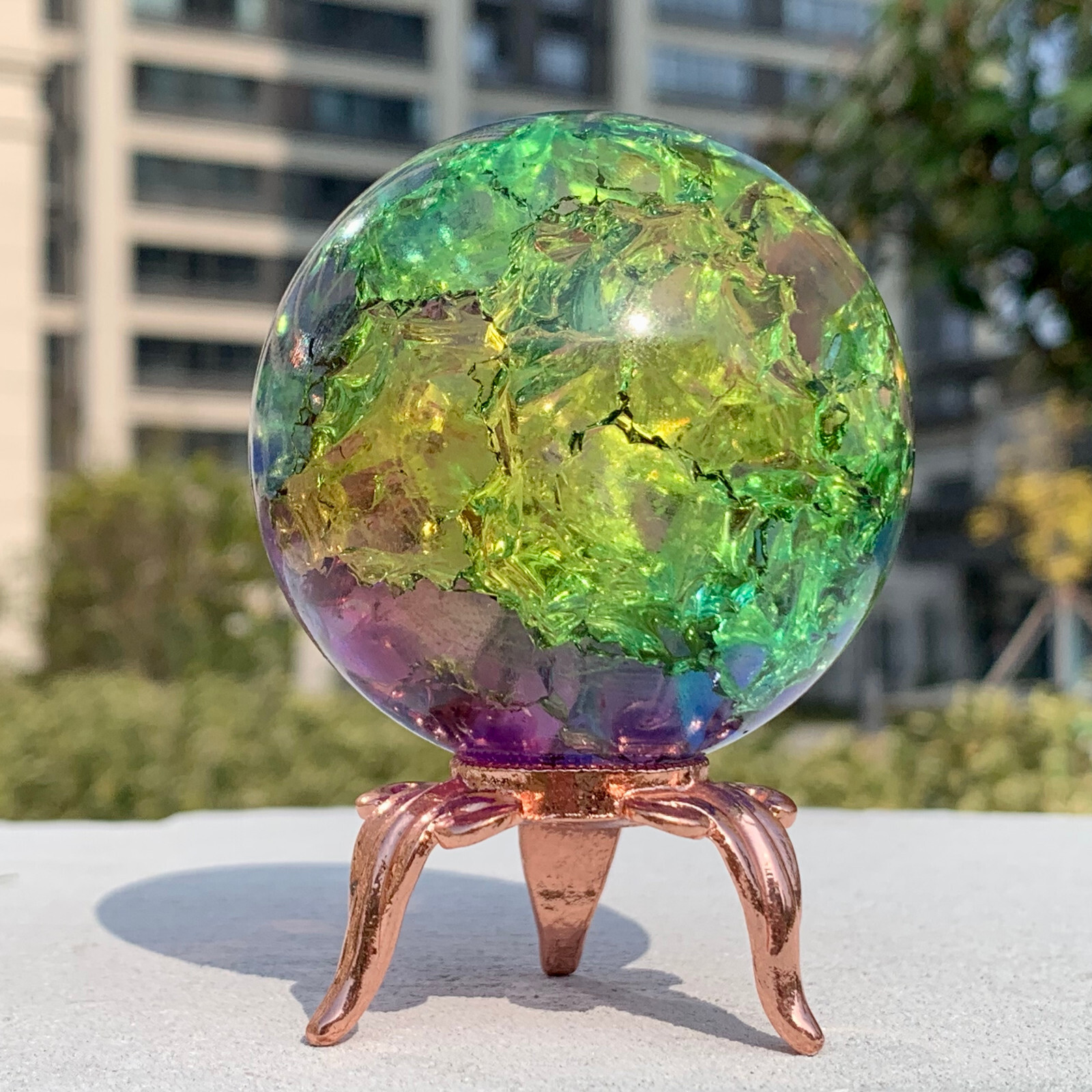 279G Natural Titanium Rainbow Quartz sphere Crystal ball Healing+stand