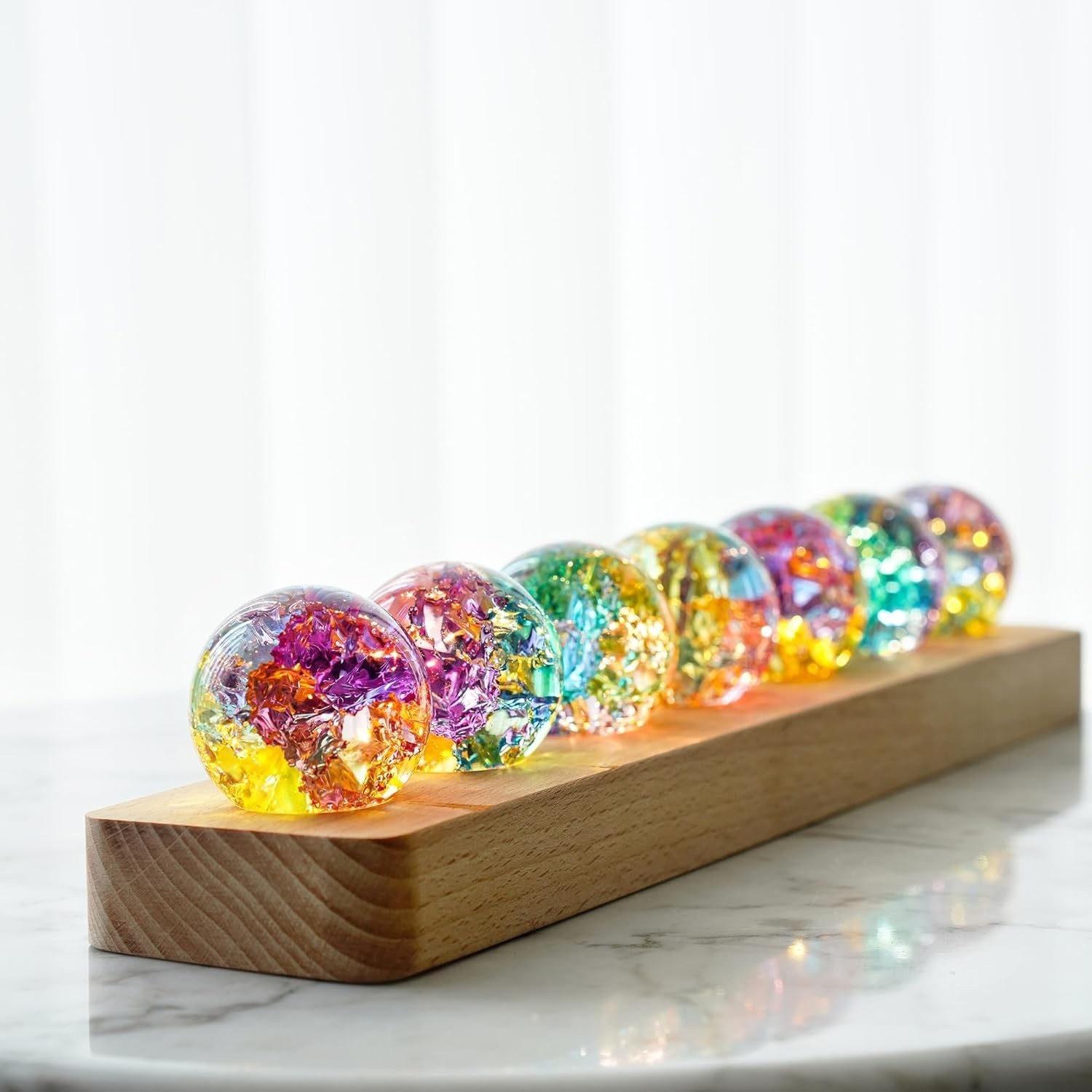 7pc Colorful Glass Healing Spheres with LED Wooden Stand Night Light