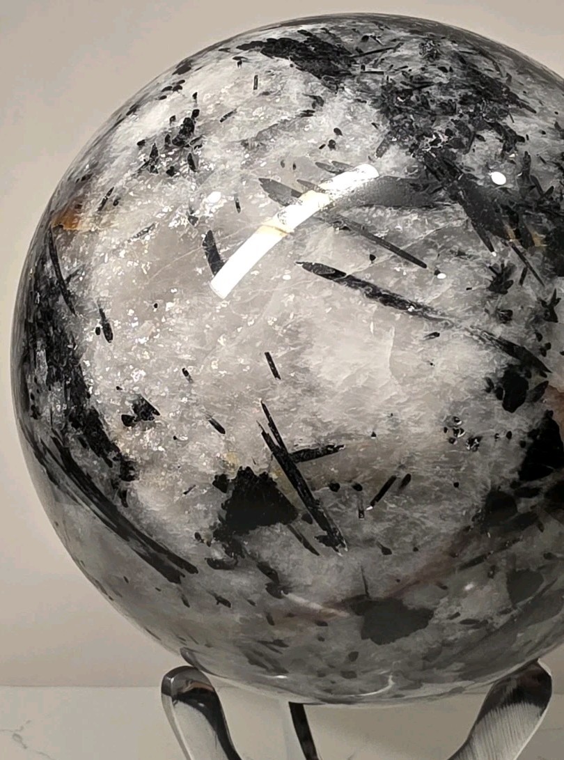 16.8LB 7″ Huge Tourmalinated Quartz Sphere Black Tourmaline Crystal Orb / Stand