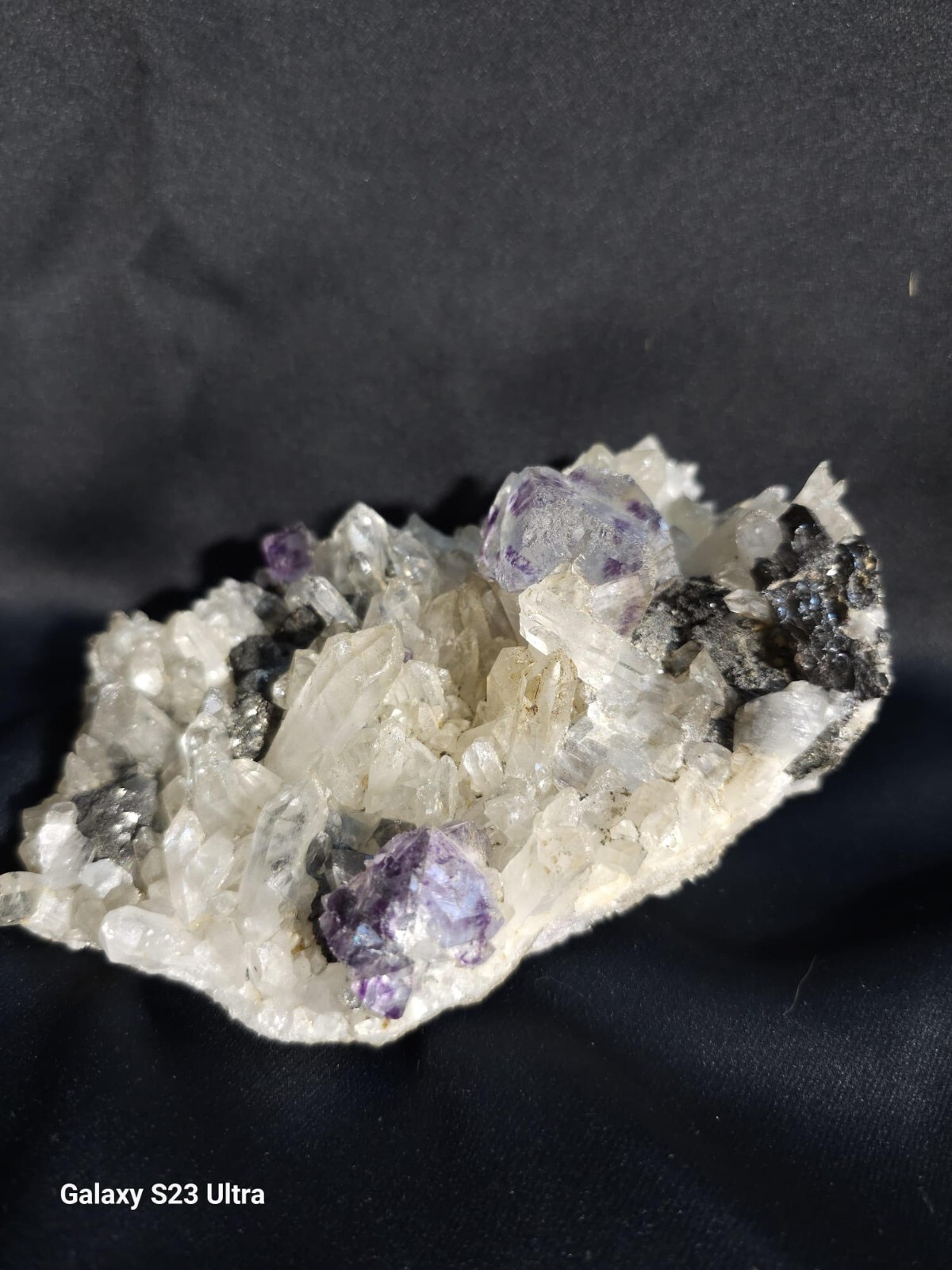Rare Fluorite on Quartz Crystals with Tourmaline, Magnetite & Pyrite – Stunning
