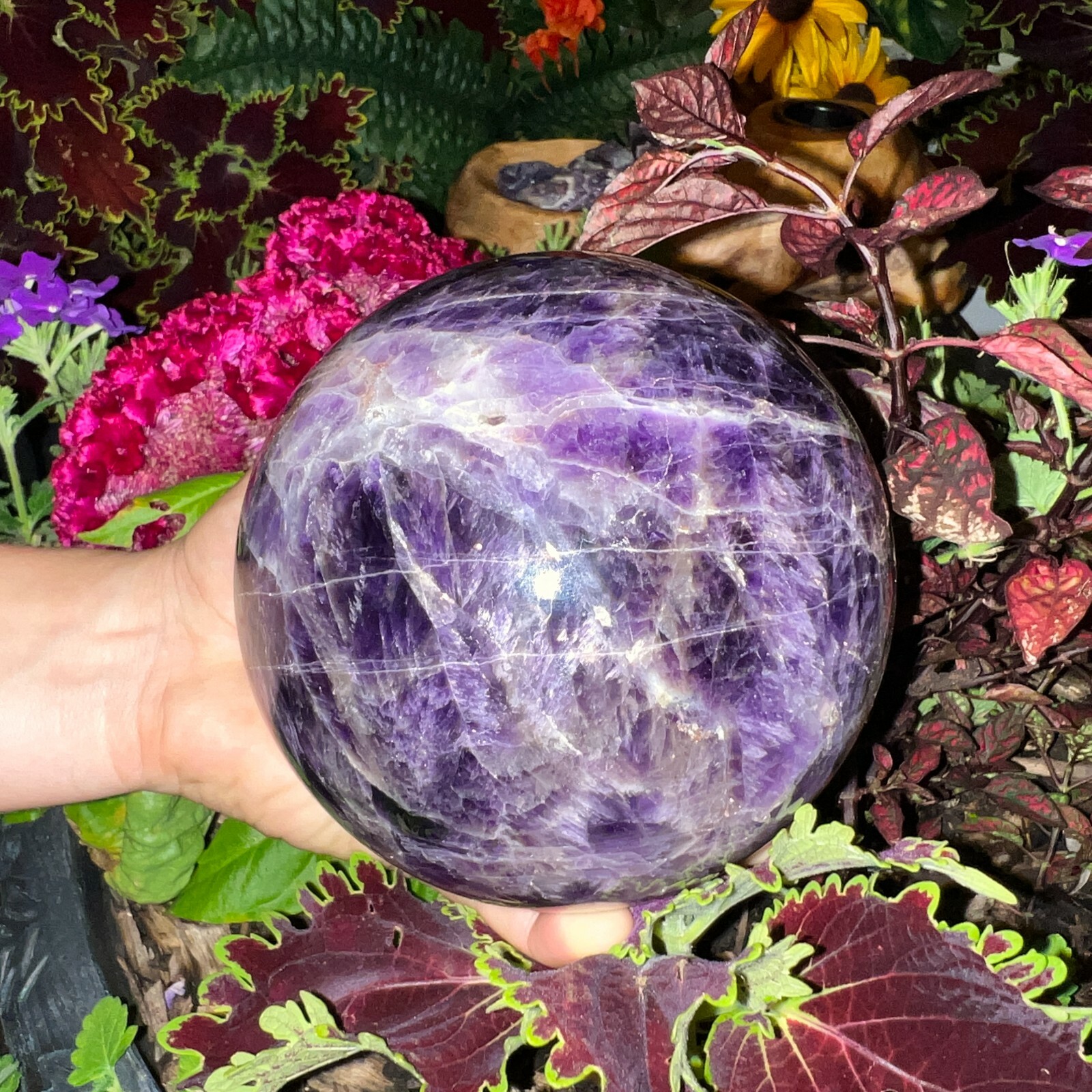 BEAUTIFUL 5+ lbs AURALITE 23 Sphere + Teak Wood Base + 1/2 lb Auralite Rough-A22