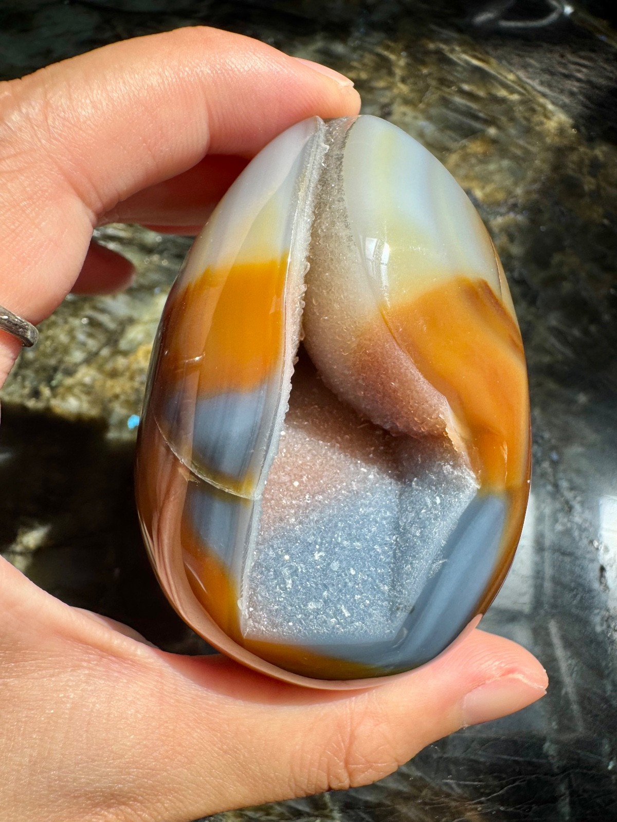 Rare Brown and Blue Druzy Agate Egg from Brazil | Natural Sugar Druzy Agate Egg