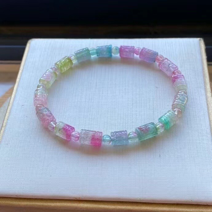 11.5g TOP Natural Rainbow watermelon tourmaline Gemstone Bucket bead bracelet A+