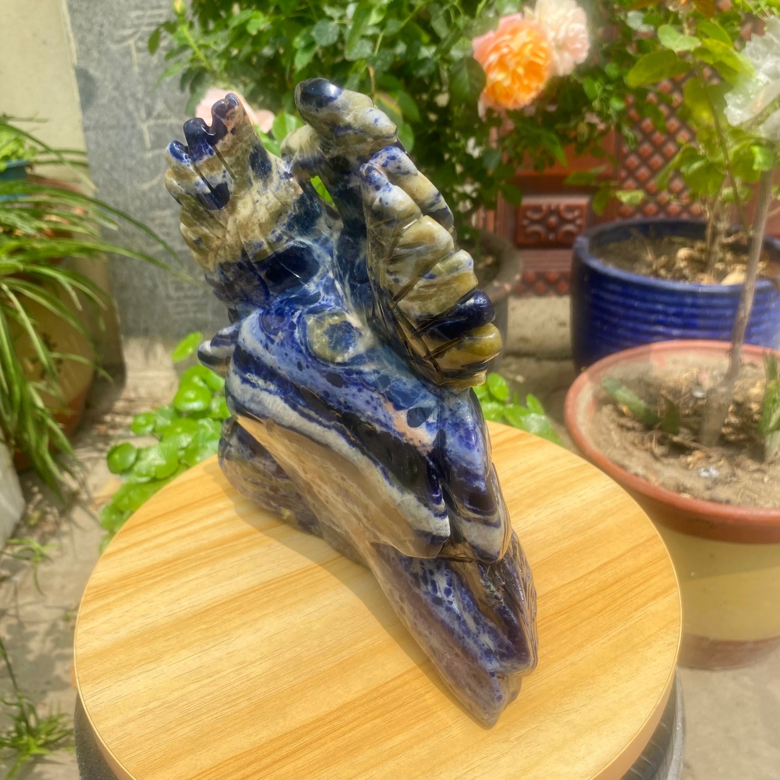 6.61LB Natural Blue Vein Stone Phoenix Carving, Home Decoration