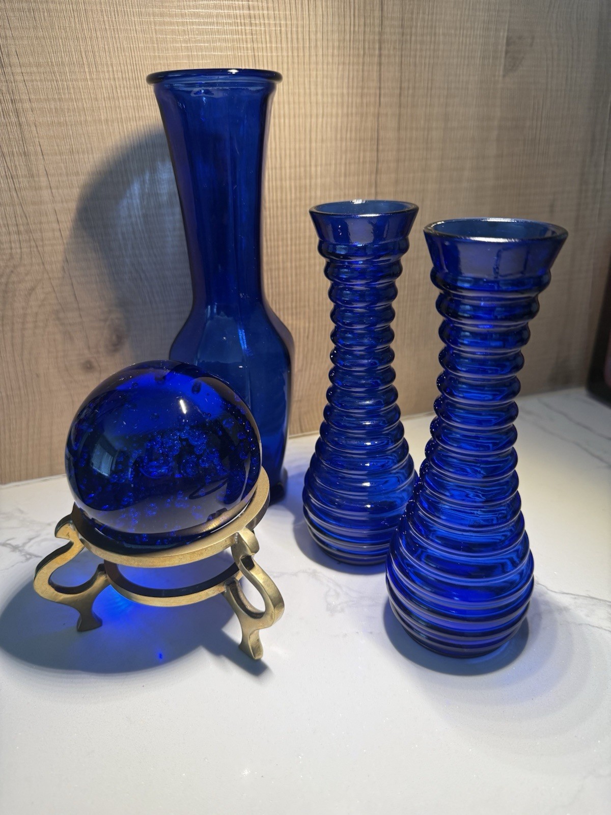 COBALT BLUE CRYSTAL GLASS BALL with BRASS STAND Fortune SPHERE Bubbles