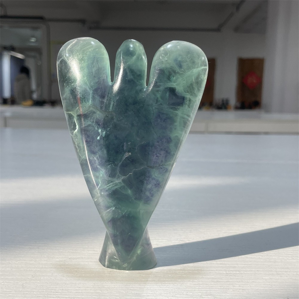 0.8LB 5.1″ Natural Rinbow Fluorite Angel Carved Crystal Mineral Quartz Decor