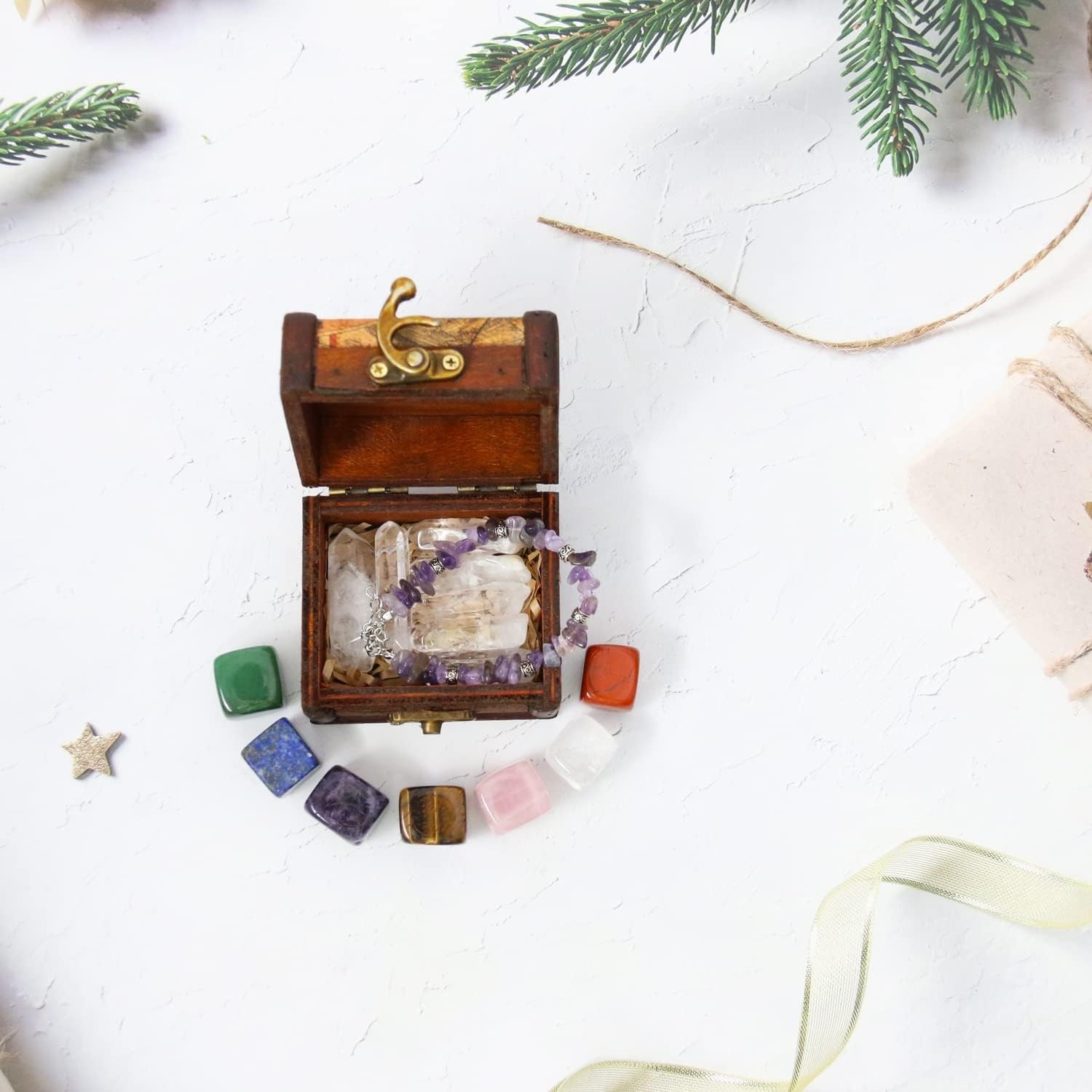 Elegant Healing Crystals & 7 Chakra Stones Set in Wooden Box – Gift for Women