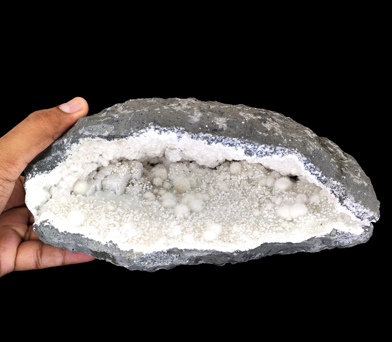 Big Natural Okenite Balls with Gyrolite on Prehnite Minerals in Geode #23