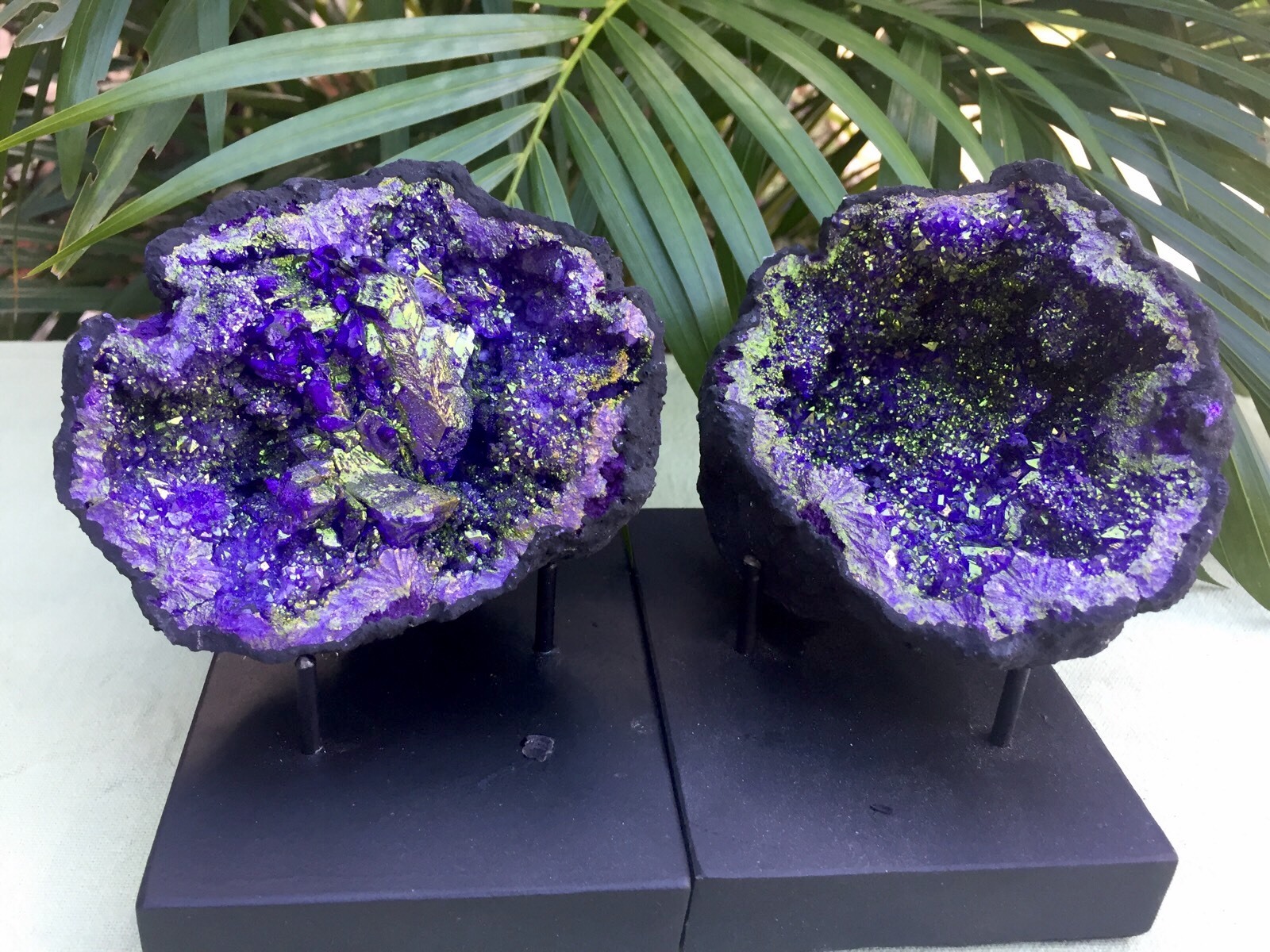 Large Purple Geode Pair W/Stands Crystal Geode Quartz Moroccan Geode Half Open.