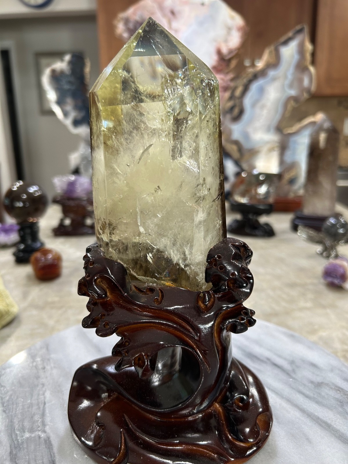 Citrine quartz crystal Freeform tower with custom wood stand