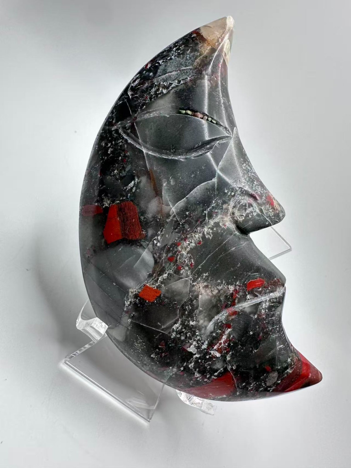 Large Natural Bloodstone Heliotrope Crystal Moon Face Carving 5″x2.75″ polished