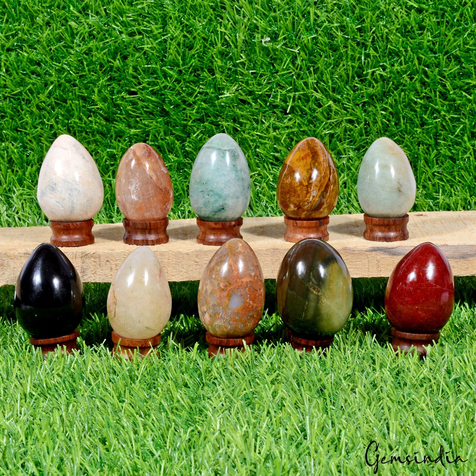10 Pcs Natural Multi Gemstones Crystal Healing Mineral Eggs W Stand~ 5000 Cts