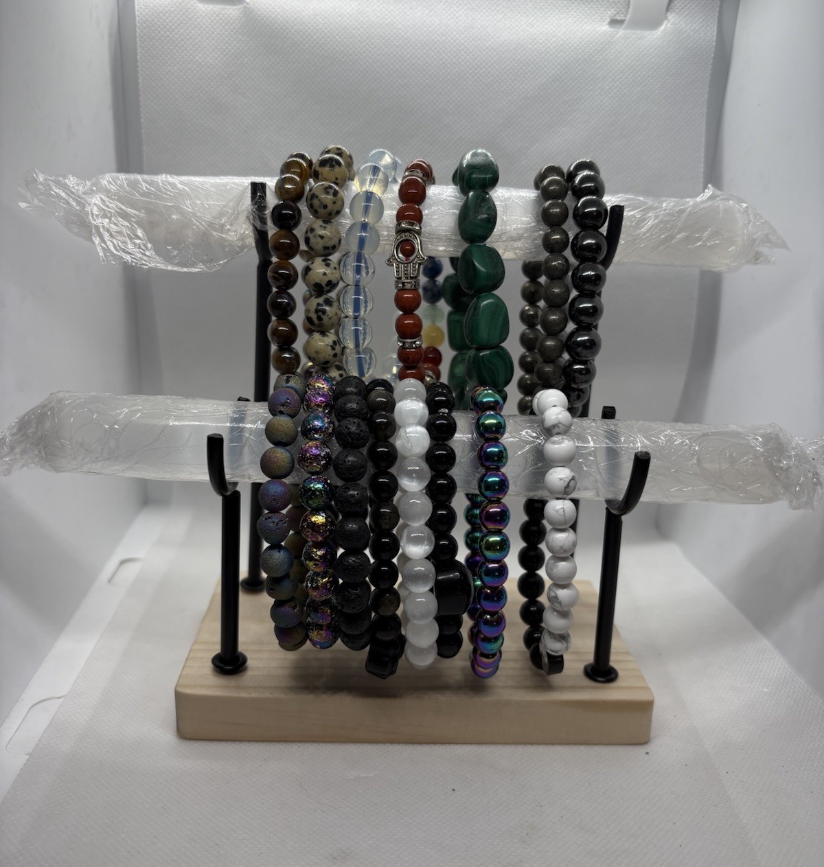 Metal Bracelet Holder BLACK, Wood Base Double Row With 2 Selenite Bars