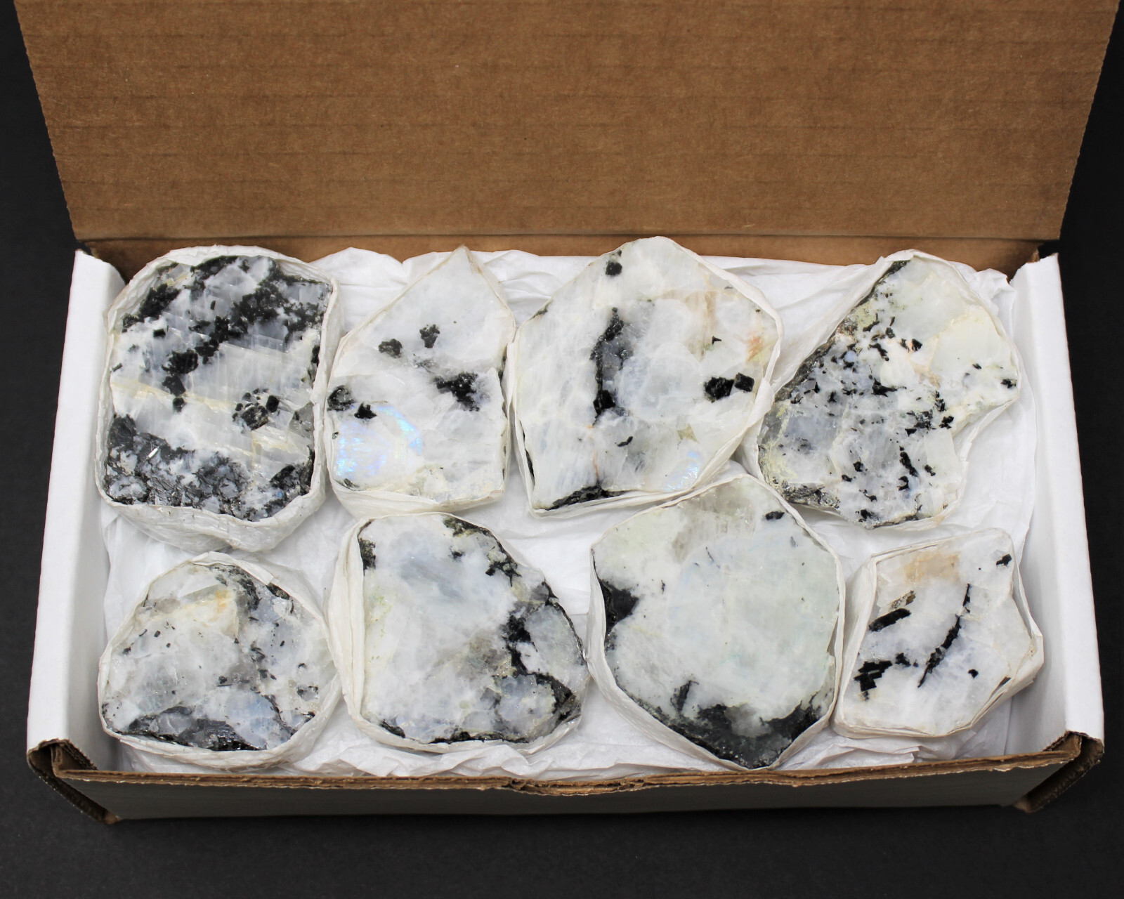 Rainbow Moonstone Premium Natural Rough Specimen Box: 8 or 12 Piece ‘AAA’ Grade