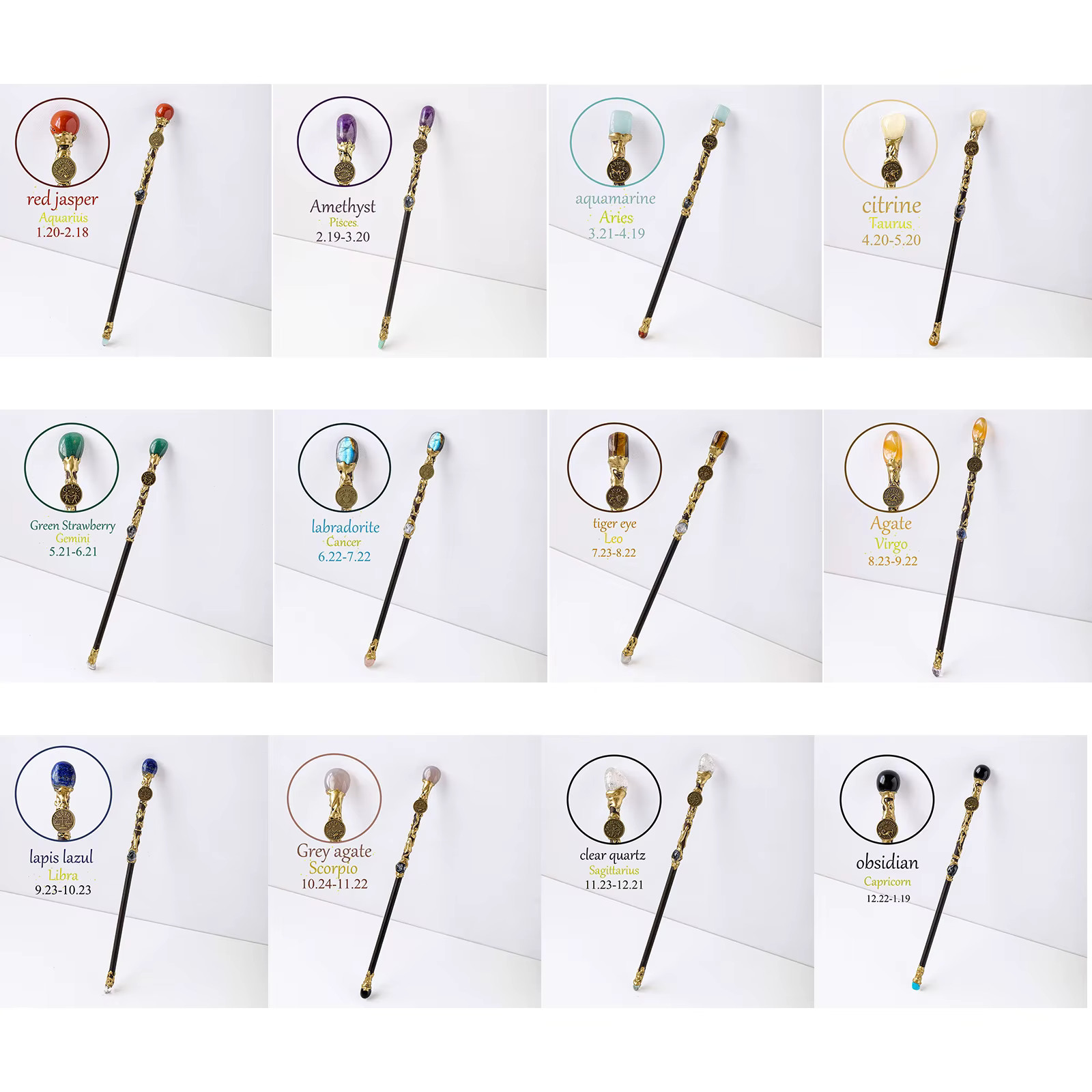 Handmade Natural Zodiac Medallion Crystal Wand with Birthstone Unique 11″–11.5″