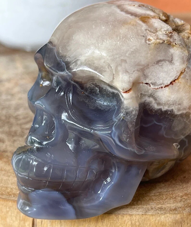 Natural Black Flower Agate W/Pink Amethyst Large Crystal Skull Gothic Home Decor
