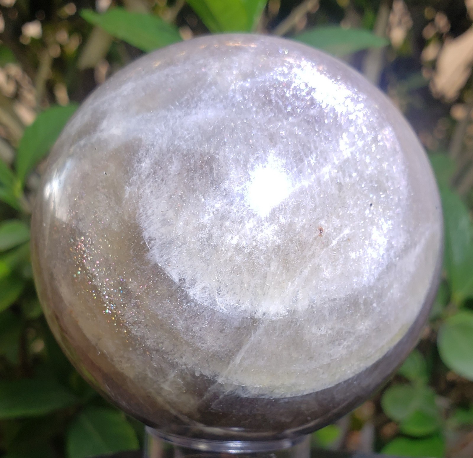 2.9″ Iridescent Black Moonstone Sunstone Sphere, Blue Flash Crystal Orb, 548g
