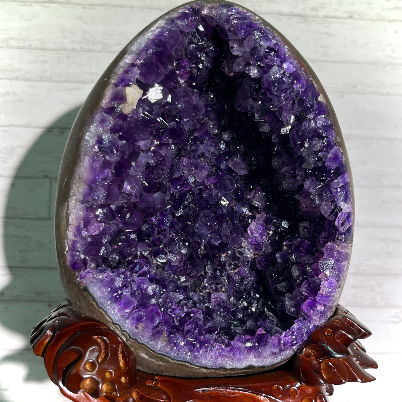 13.4 lb Amethyst Cluster Geode Dragon Egg Crystal w/ Wood Stand Mineral Specimen