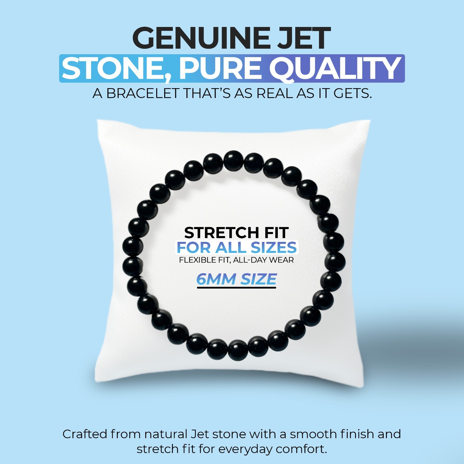 Jet Stone Bracelet for Men and Women, Natural Jet Beads 6mm