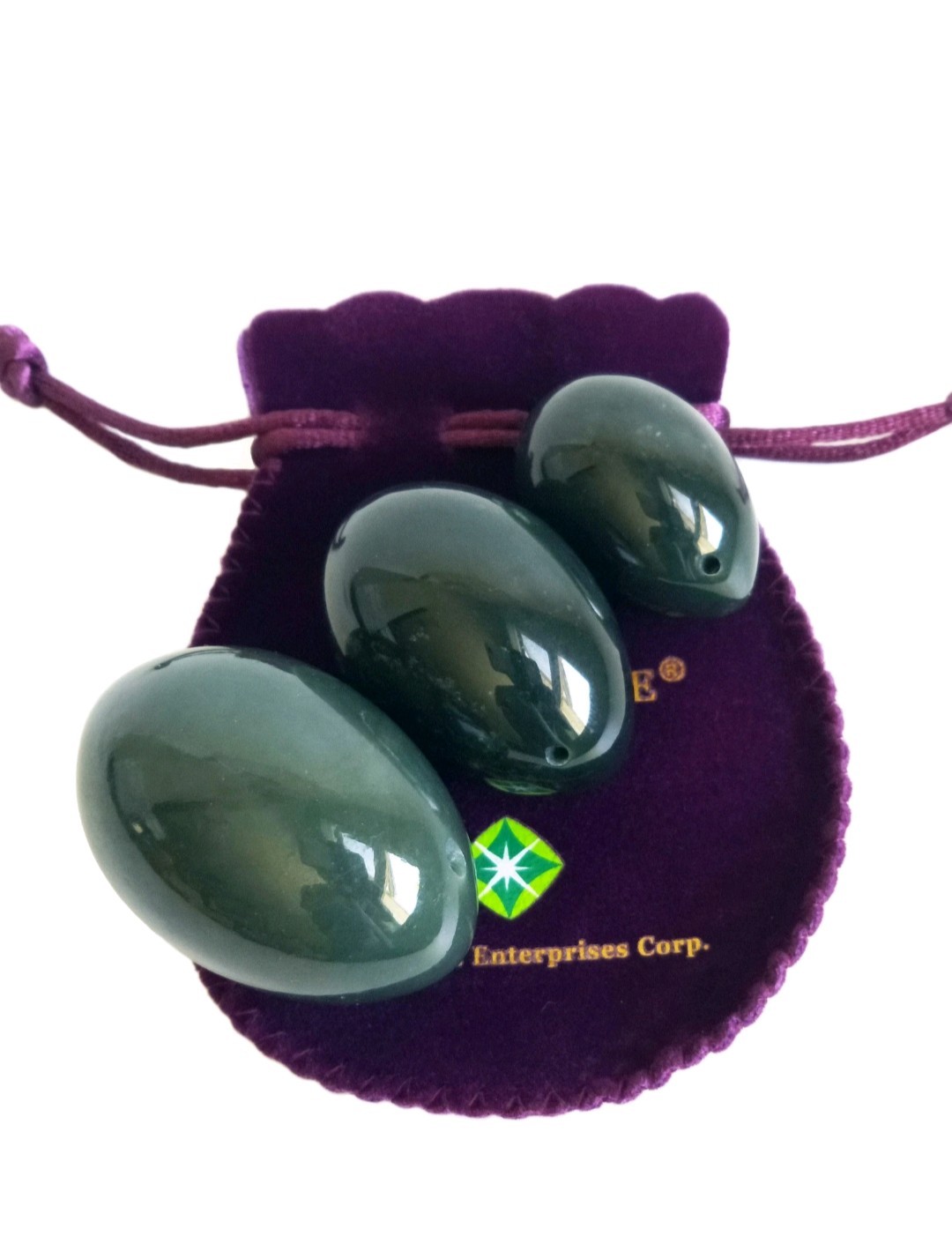 Polar Jade Natural Nephrite Jade 3-Piece Egg Set, Large Medium Small Predrilled