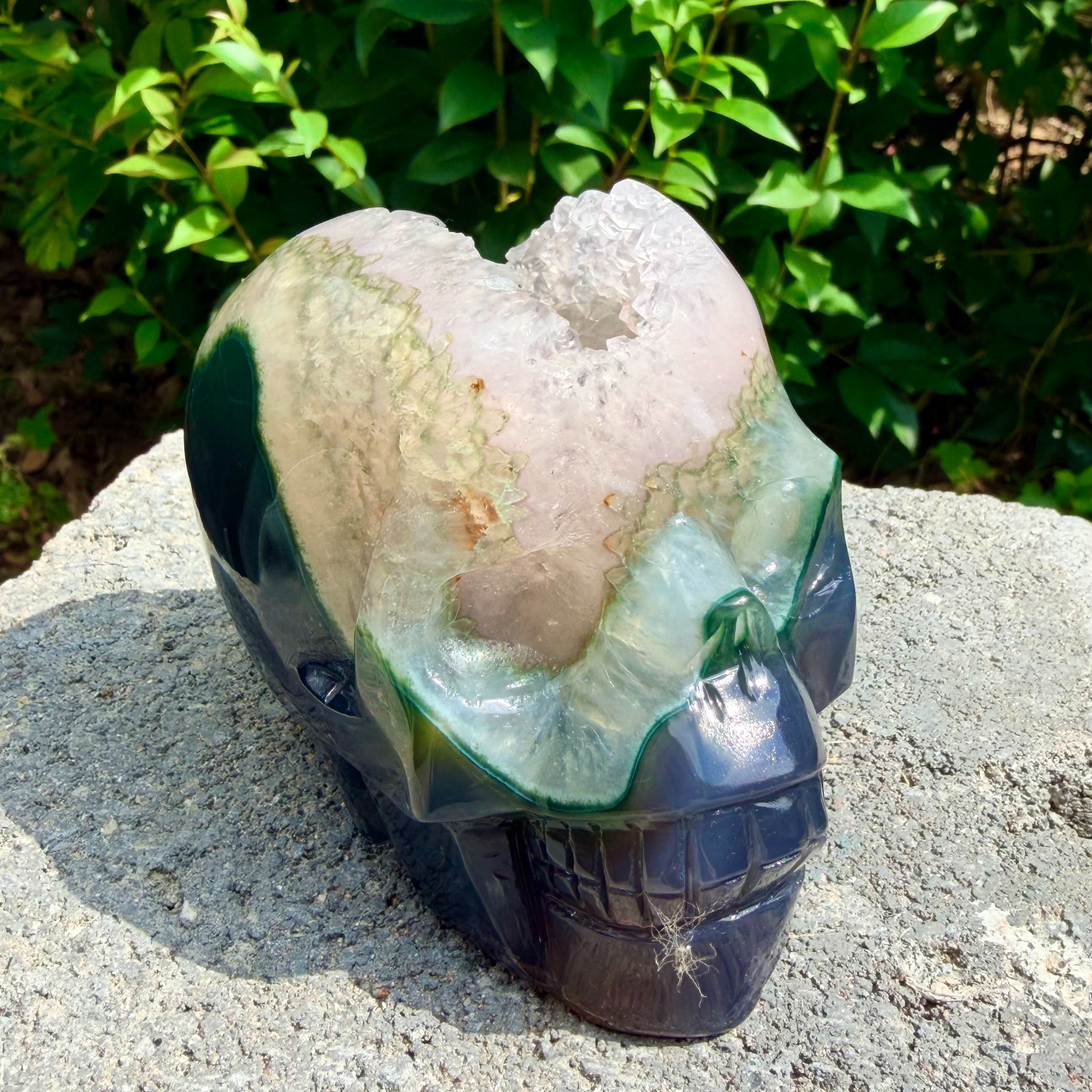1.53lb Amethyst agate crystal cave skull, Rare hand carved skull specimen