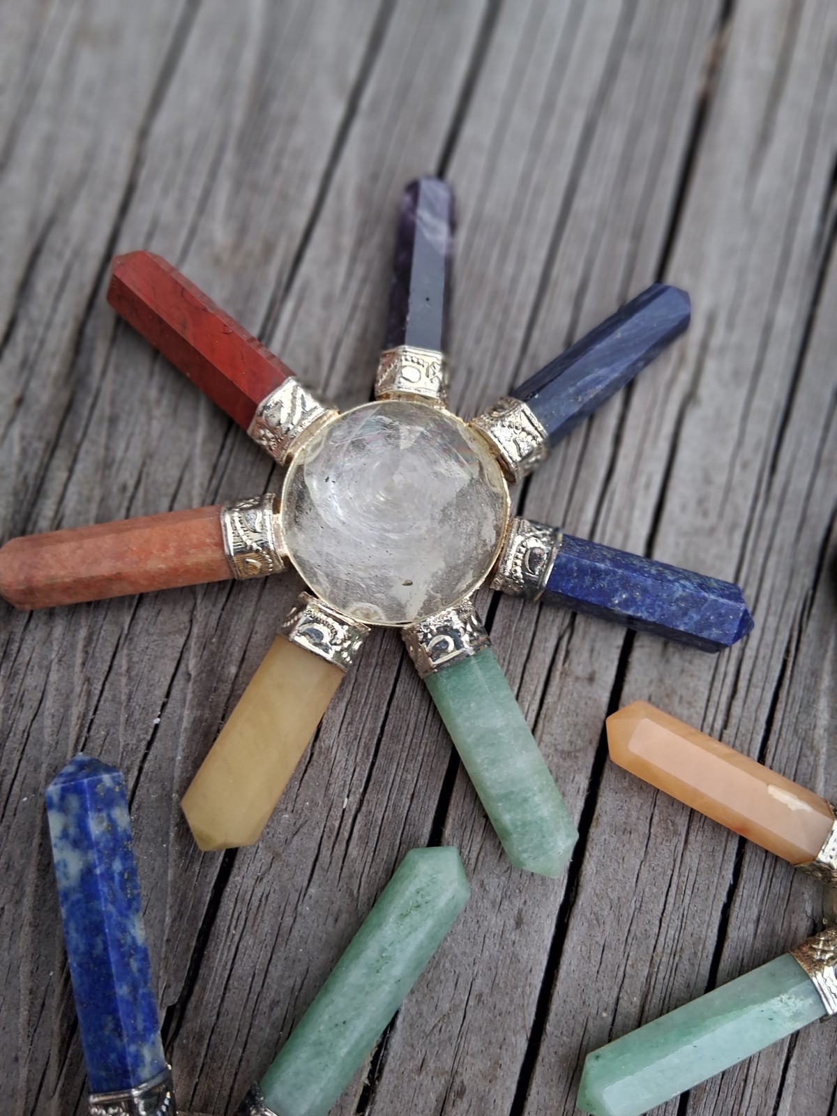 7 Chakra Stones w. Energy Focusing Center Crystal Cone Silver Band Set Of 3